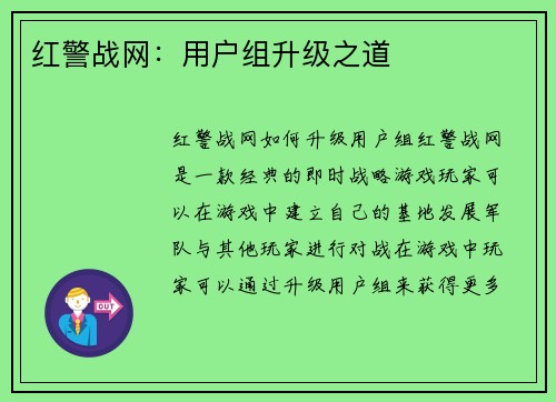 红警战网：用户组升级之道